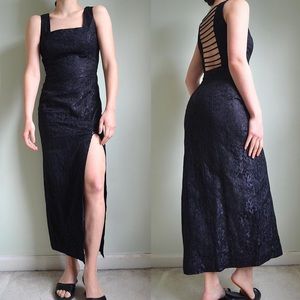 vintage 90s black lace floral maxi / full length gown from hollywood nites